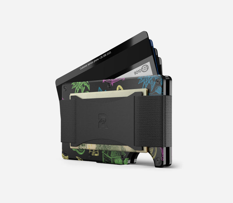 The Ridge Wallet - Aluminum With Money Clip + Cash Strap - Neon Tiki